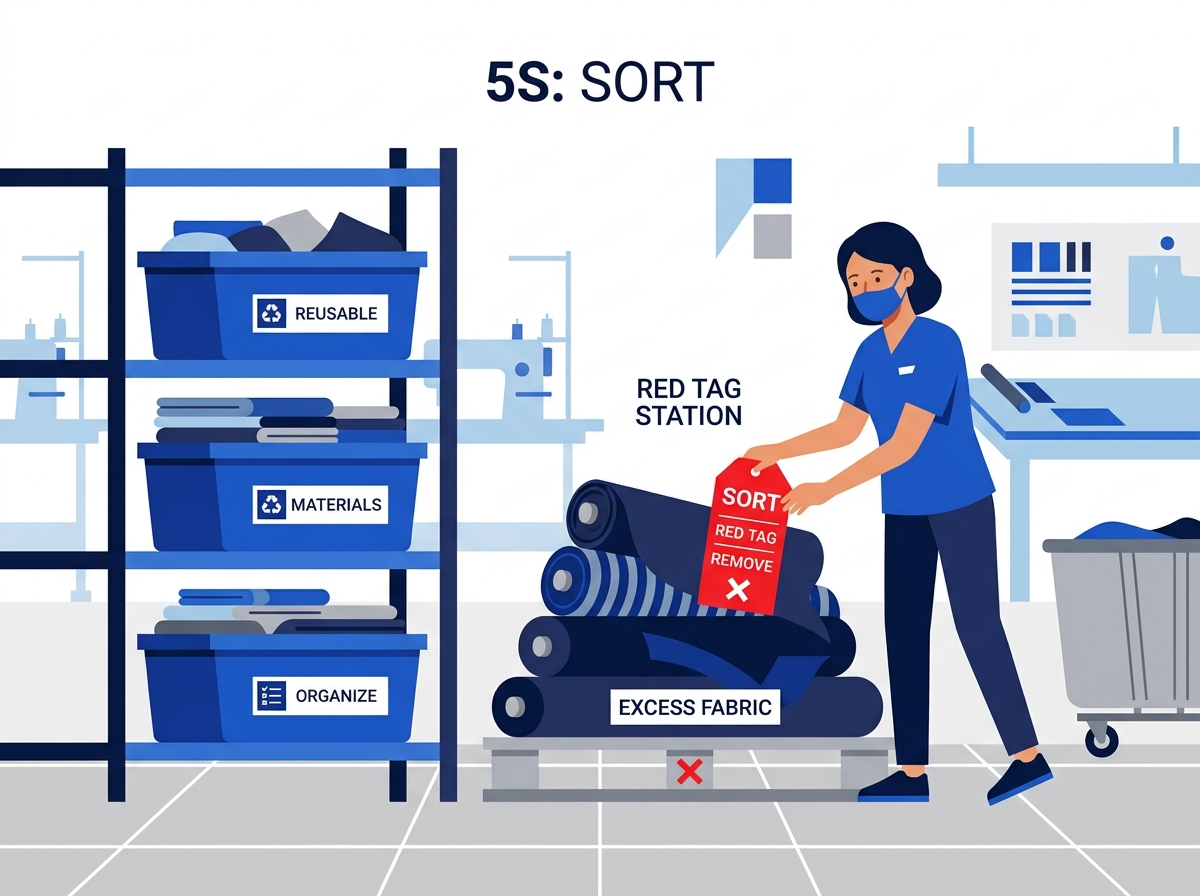 1S Sort Seiri Apparel Floor Red Tagging Illustration