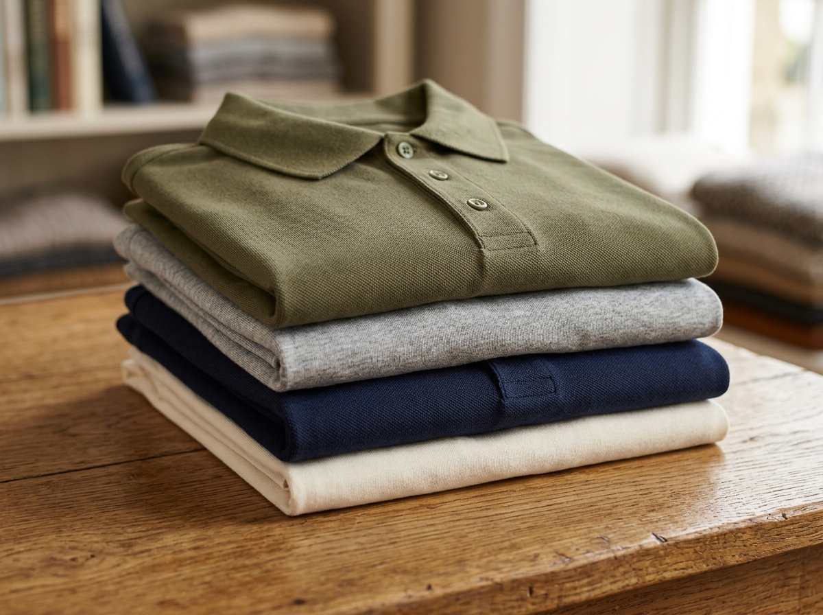 Stack of folded knitted cotton jersey t-shirts and pique polo shirts