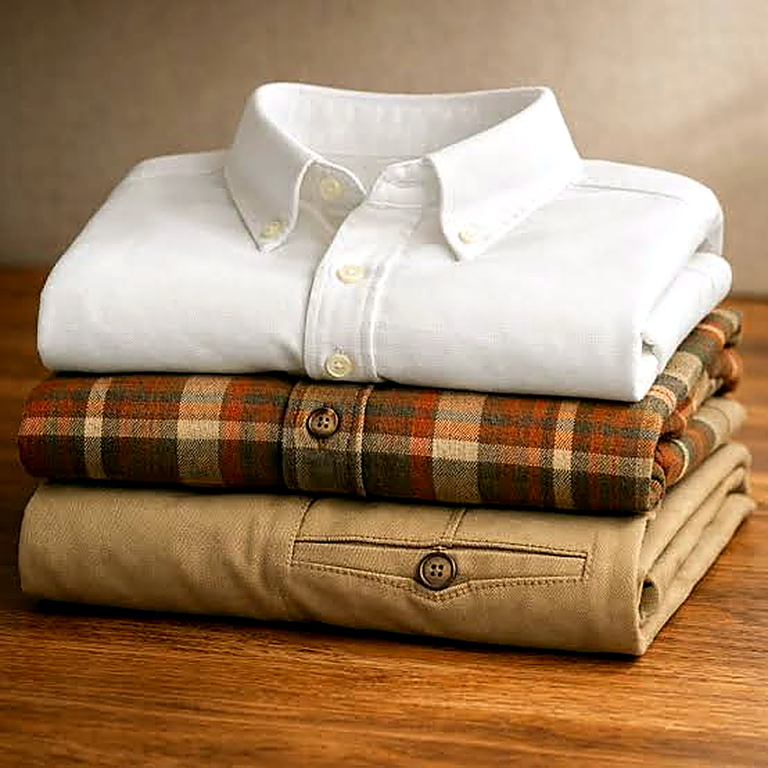 Folded premium oxford and woven shirts showing precision stitching and collar craftsmanship