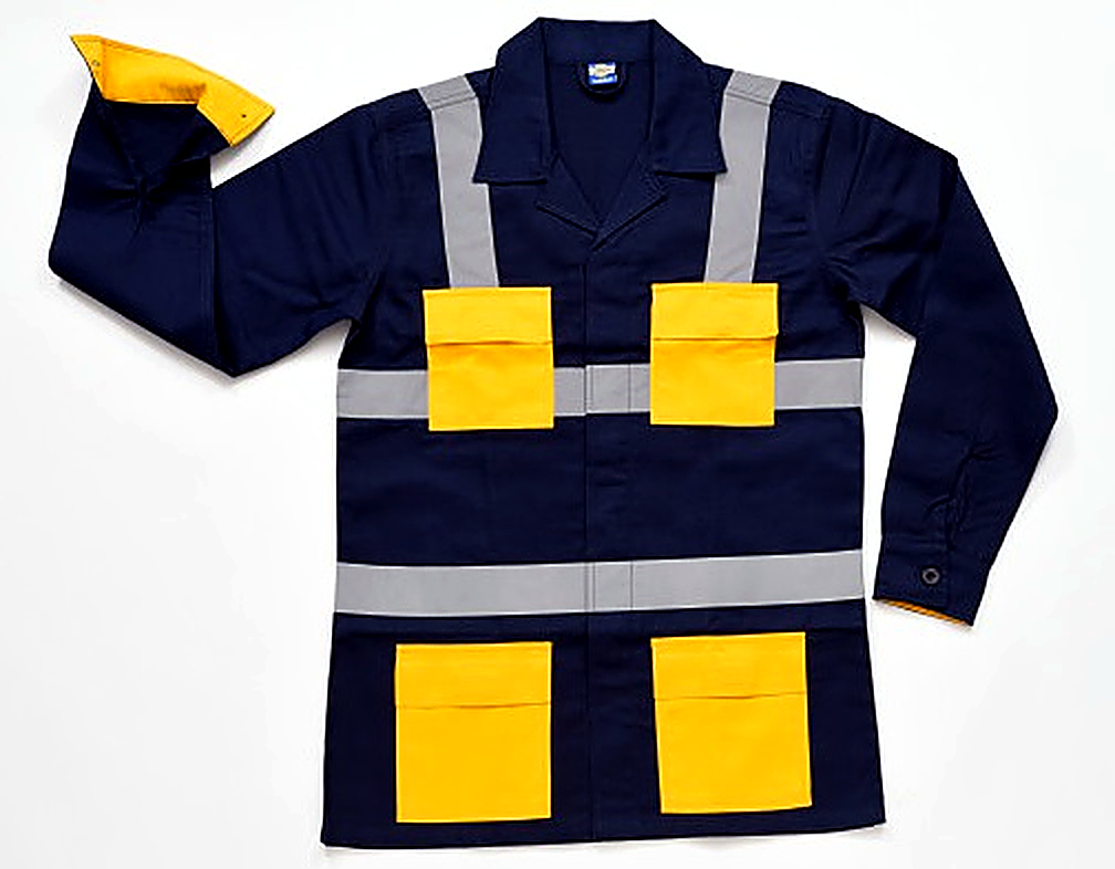 High-visibility industrial workwear jacket with reflective safety strips and utility cargo pockets