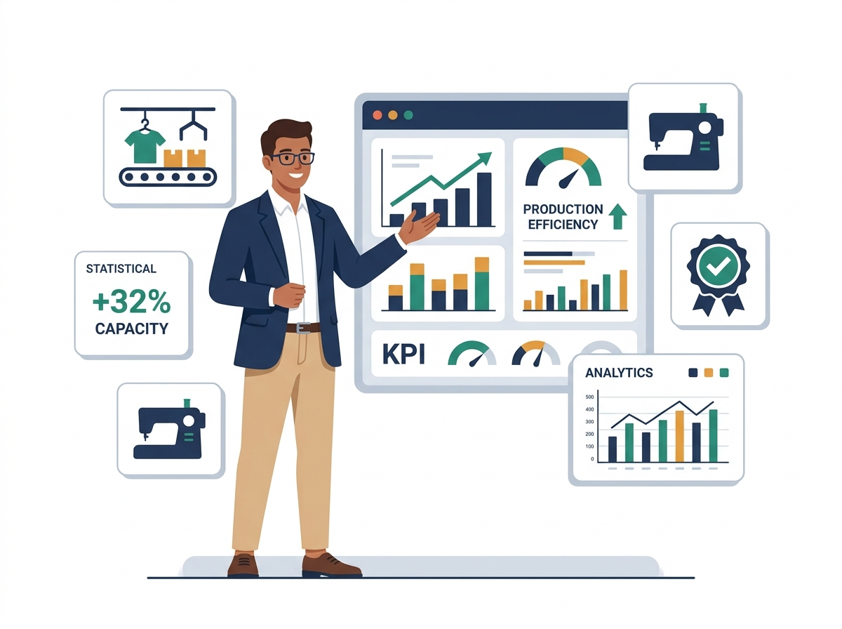Apparel manufacturing consultant presenting factory efficiency metrics and KPIs